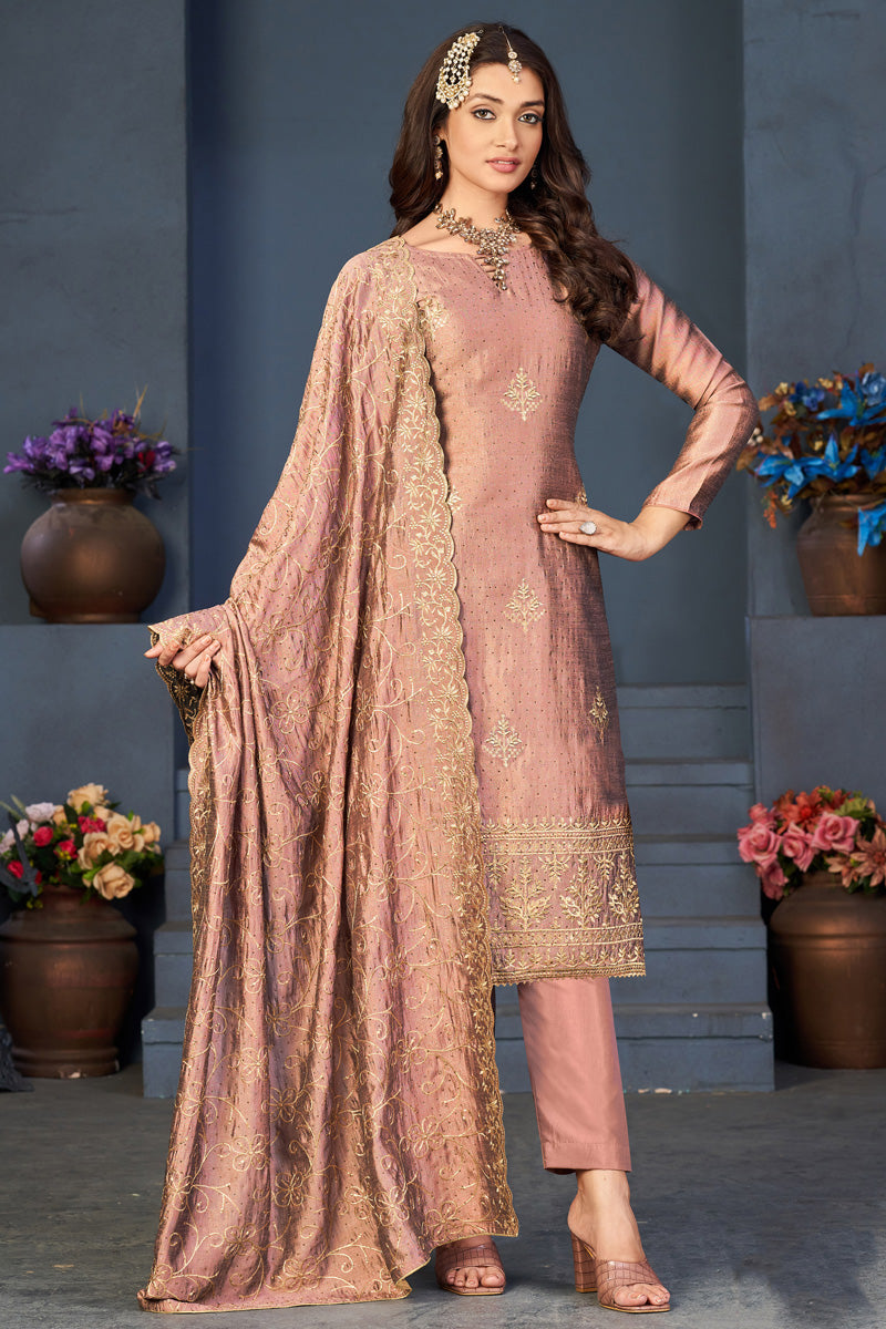 Vibrant Peach Vichitra Fabric Salwar Suit With Embroidered Work for Festival