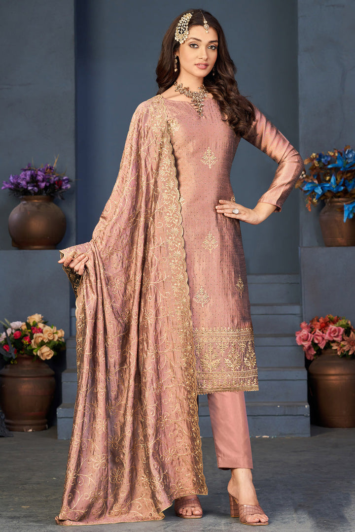 Vibrant Peach Vichitra Fabric Salwar Suit With Embroidered Work for Festival