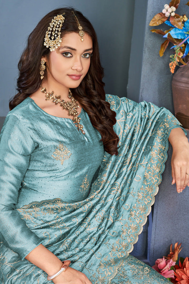 Sky Blue Vichitra Fabric Salwar Suit With Embroidered Work