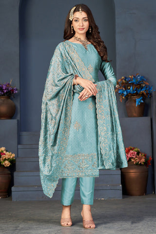 Sky Blue Vichitra Fabric Salwar Suit With Embroidered Work