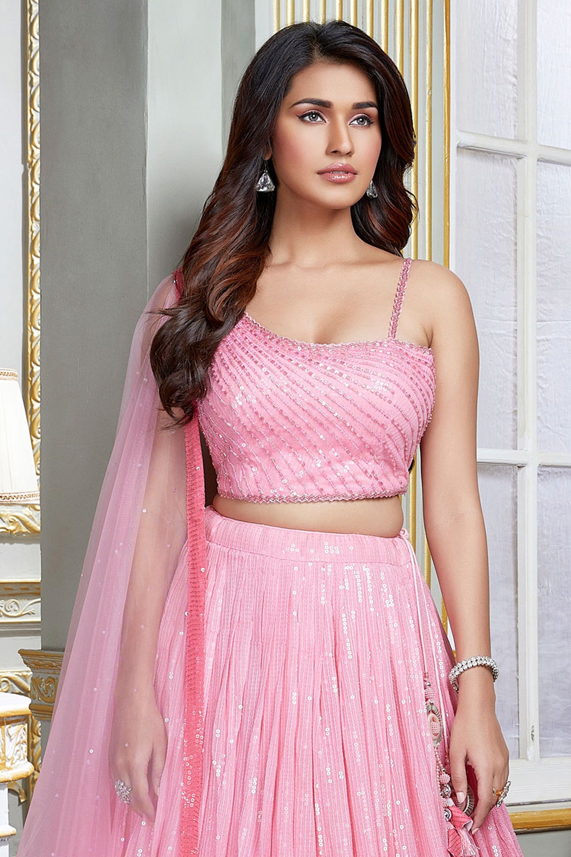 Sequins Work Pink Sangeet Wear Readymade Lehenga In Georgette Fabric With Designer Choli