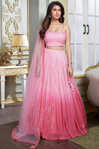 Sequins Work Pink Sangeet Wear Readymade Lehenga In Georgette Fabric With Designer Choli