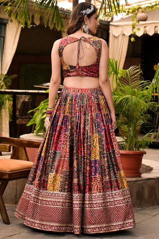 Printed Multi Color Readymade Designer 3 Piece Lehenga Choli In Satin Fabric