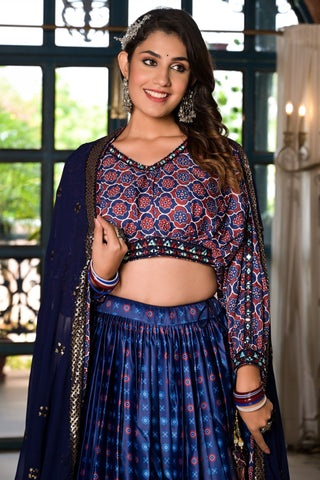 Satin Fabric Function Look Printed Readymade Lehenga Choli In Blue Color