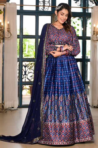 Satin Fabric Function Look Printed Readymade Lehenga Choli In Blue Color