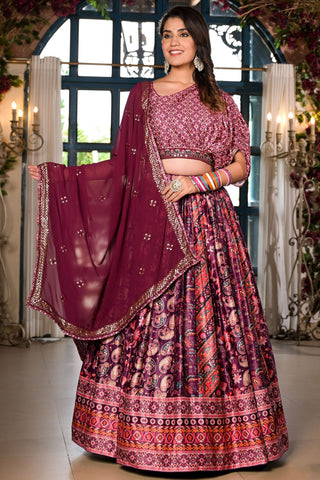 Wine Satin Fabric Function Look Printed Readymade Lehenga Choli