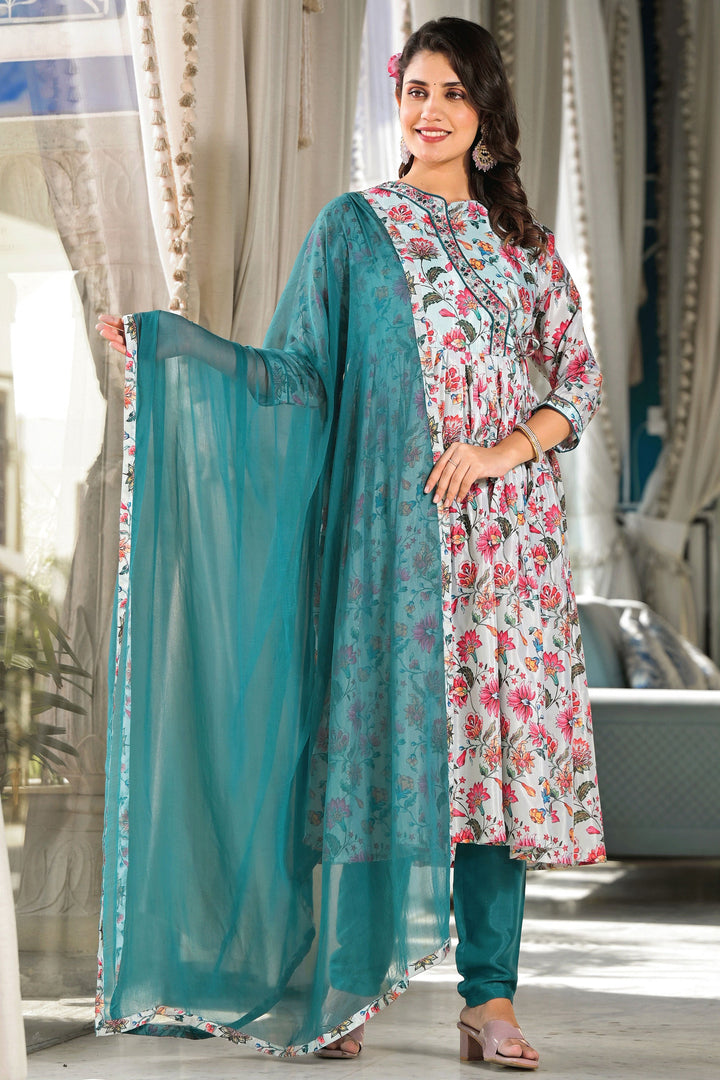 Sky Blue Color Art Silk Fabric Coveted Anarklai Suit With Printed Work