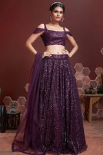Load image into Gallery viewer, Sangeet Wear Wine Color Appealing Embroidered Work Lehenga In Net Fabric
