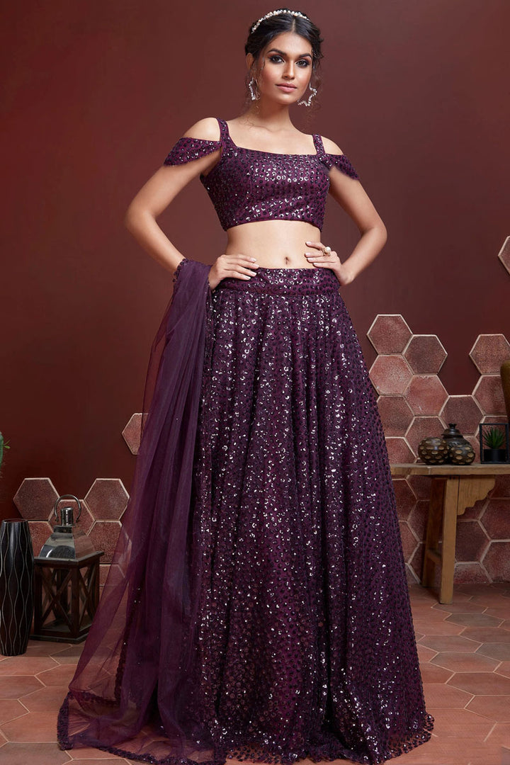 Sangeet Wear Wine Color Appealing Embroidered Work Lehenga In Net Fabric