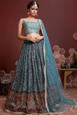 Load image into Gallery viewer, Attrective Art Silk Fabric Sky Blue Color Sangeet Wear Lehenga With Floral Digital Printed Work
