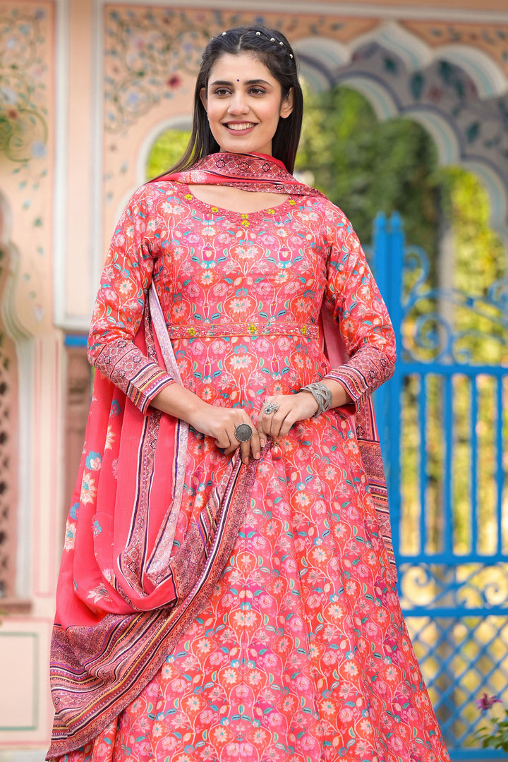 Peach Color Dola Silk Fabric Charming Readymade Anarkali Suit With Digital Printed Work