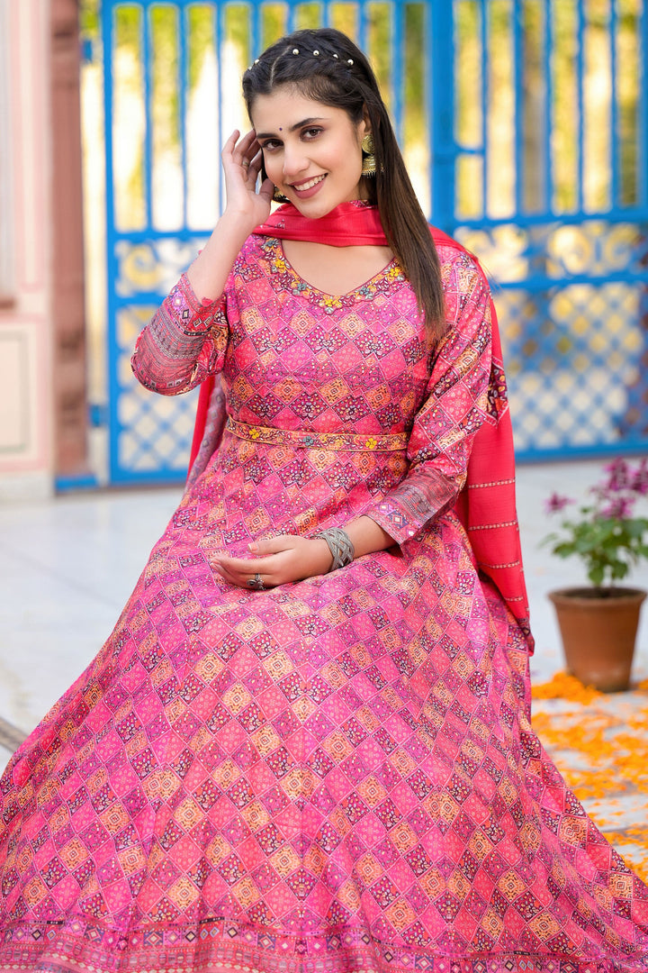 Pink Color Dola Silk Fabric Beautiful Readymade Anarkali Suit With Digital Printed Work