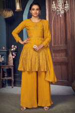 Load image into Gallery viewer, Party Wear Yellow Color Embroidered Work Georgette Fabric Sharara Suit

