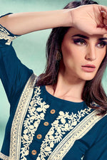 Load image into Gallery viewer, Teal Color Fancy Rayon Fabric Festive Wear Embroidered Kurti