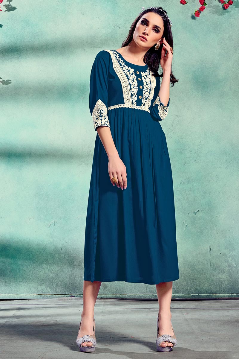 Teal Color Fancy Rayon Fabric Festive Wear Embroidered Kurti
