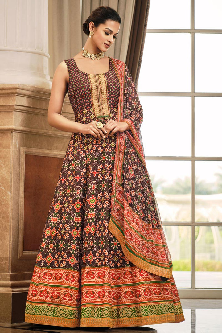 Art Silk Fabric Brown Color Ingenious Printed Gown With Dupatta