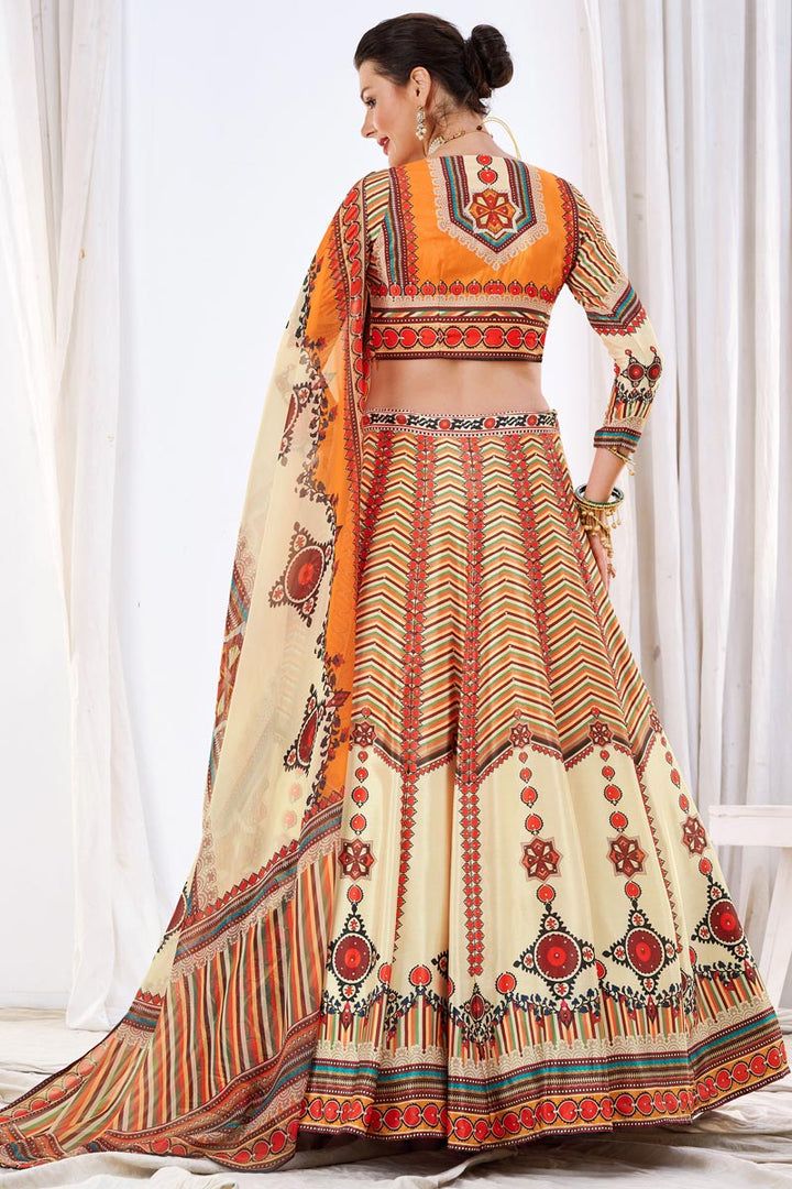 Sangeet Wear Chinon Fabric Beige Color Excellent Lehenga With Printed Work