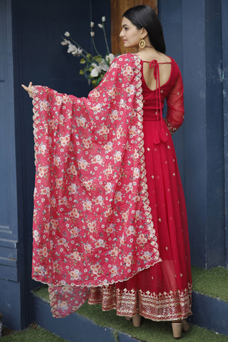 Albescent Red Color Readymade Long Anarkali Style Gown With Dupatta