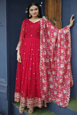 Load image into Gallery viewer, Albescent Red Color Readymade Long Anarkali Style Gown With Dupatta
