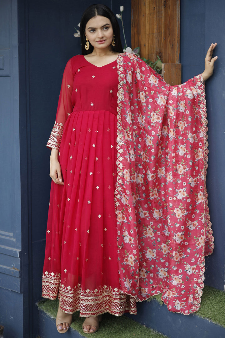Albescent Red Color Readymade Long Anarkali Style Gown With Dupatta