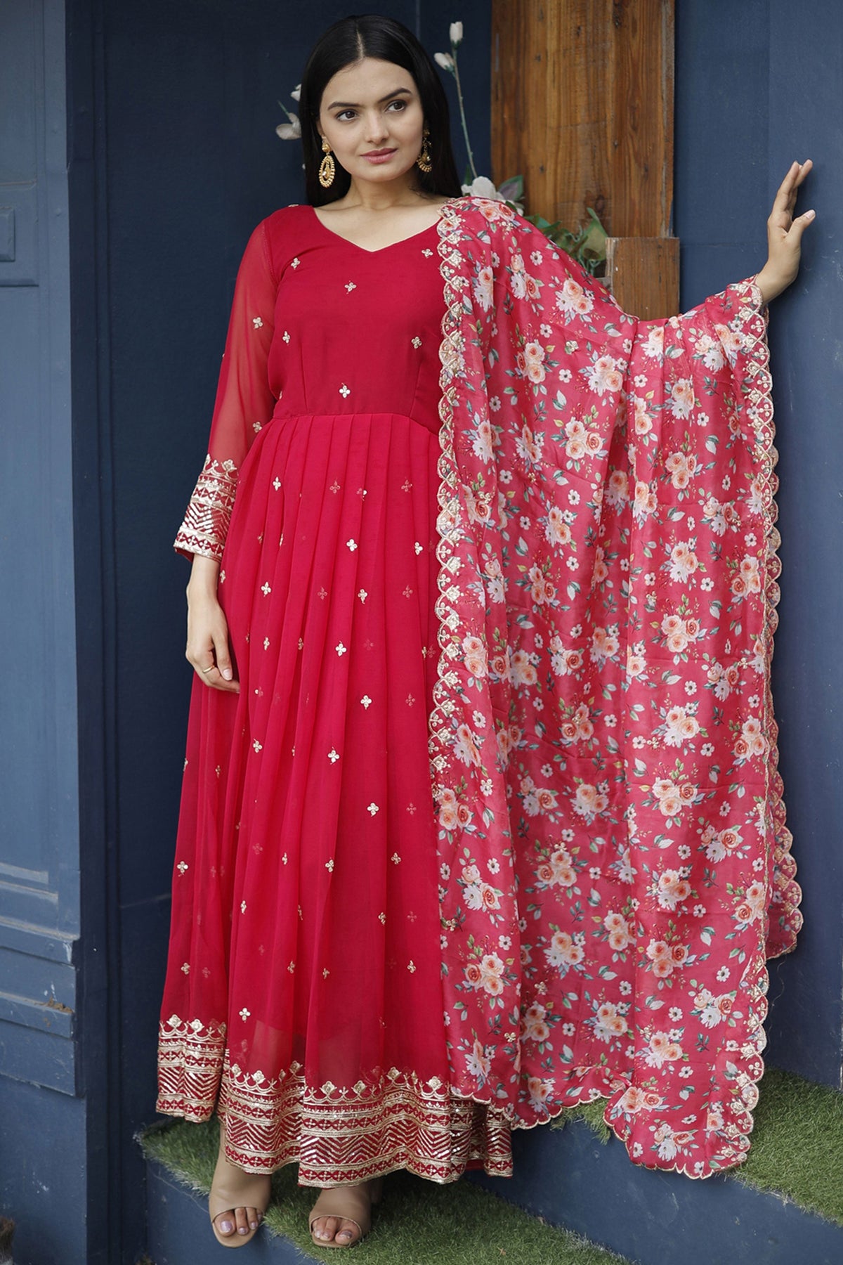 Albescent Red Color Readymade Long Anarkali Style Gown With Dupatta