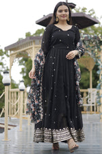 Load image into Gallery viewer, Merlot Georgette Fabric Black Color Readymade Long Anarkali Style Gown With Dupatta
