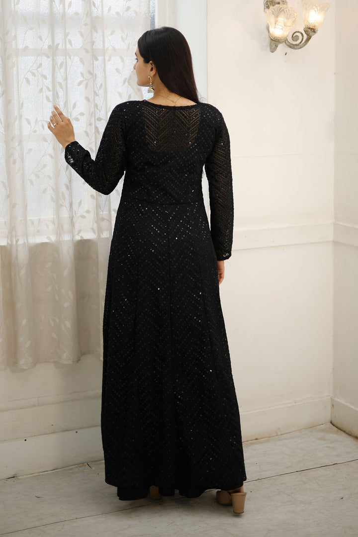 Function Wear Black Color Glorious Readymade Gown With Shrug In Rayon Fabric