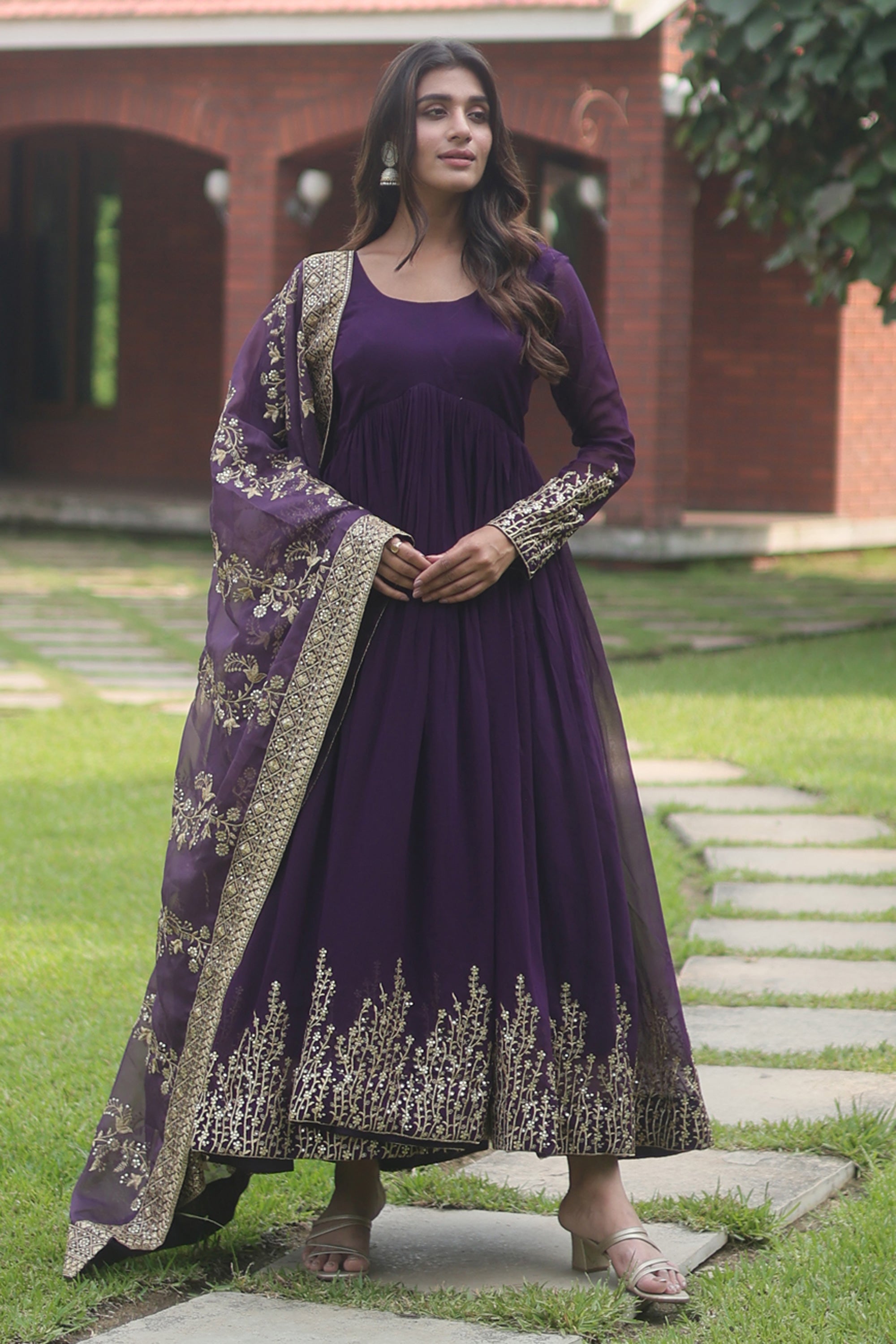 Readymade Purple Color Embroidered Long Gown With Dupatta