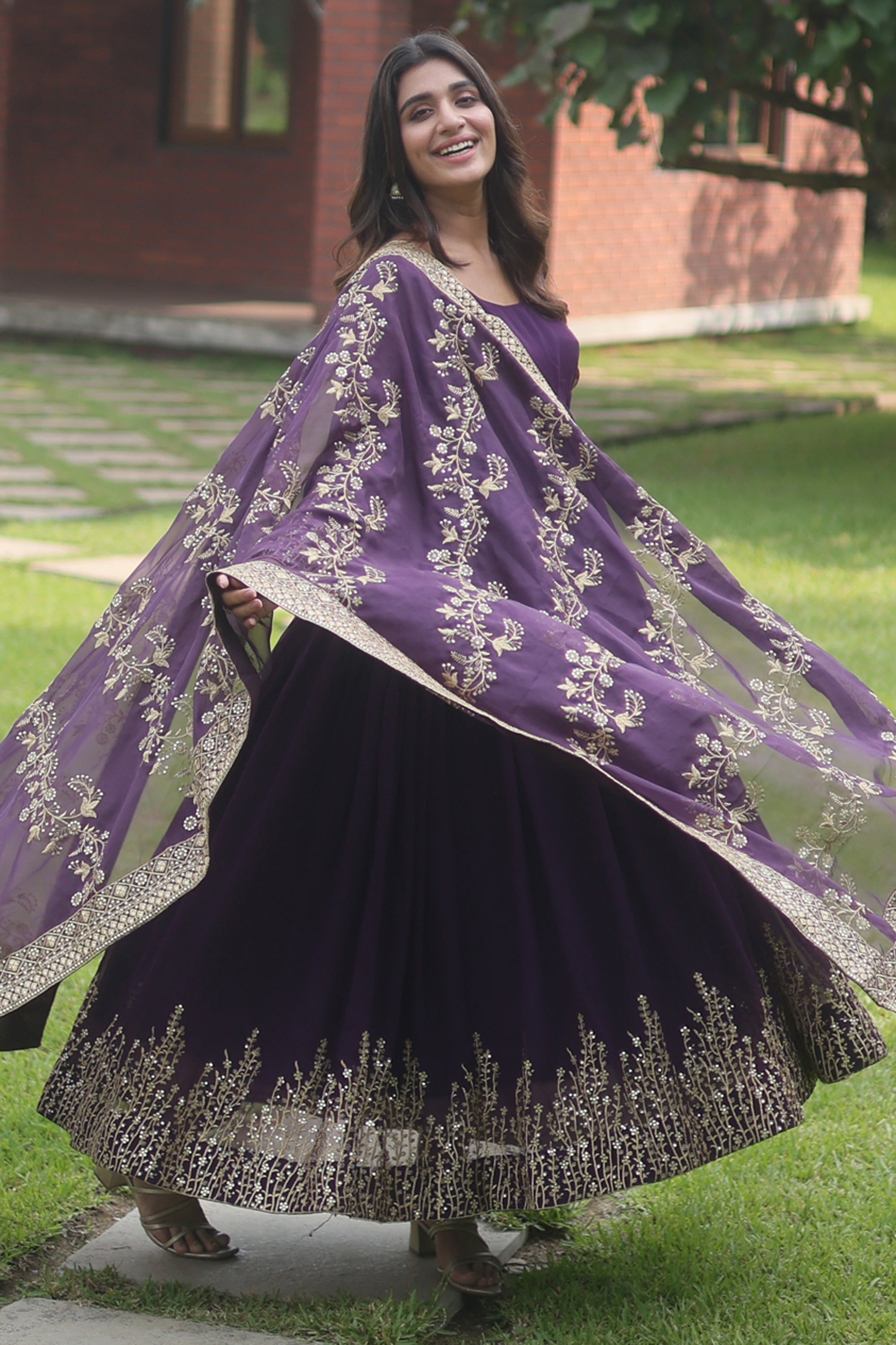 Readymade Purple Color Embroidered Long Gown With Dupatta