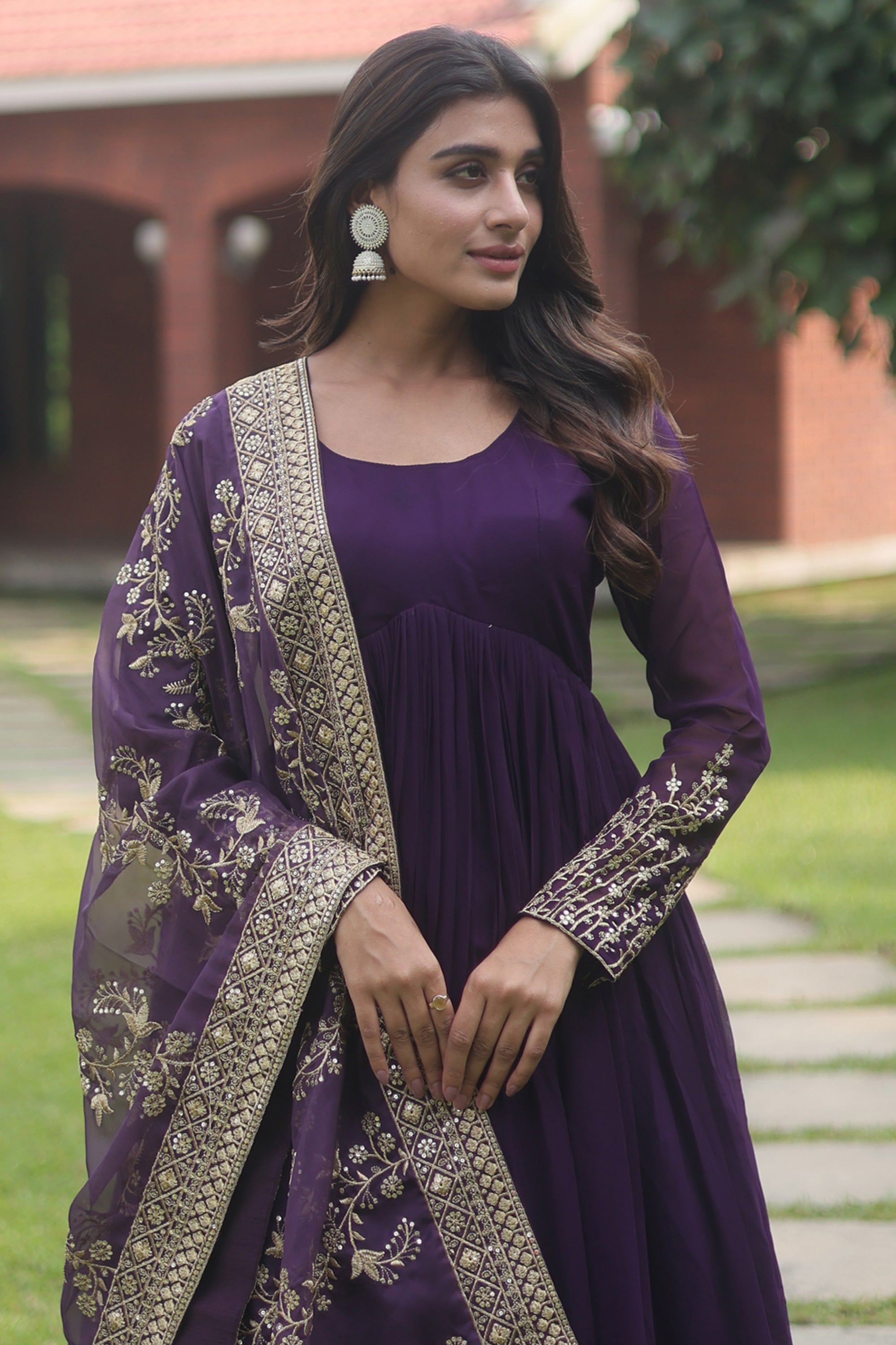 Readymade Purple Color Embroidered Long Gown With Dupatta