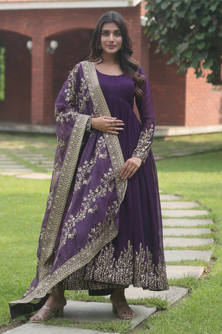 Readymade Purple Color Embroidered Long Gown With Dupatta