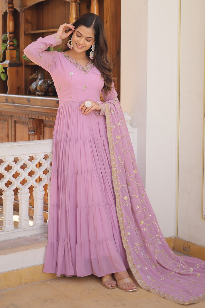Readymade Georgette Fabric Pink Embroidered Anarkali Style Long Gown With Dupatta