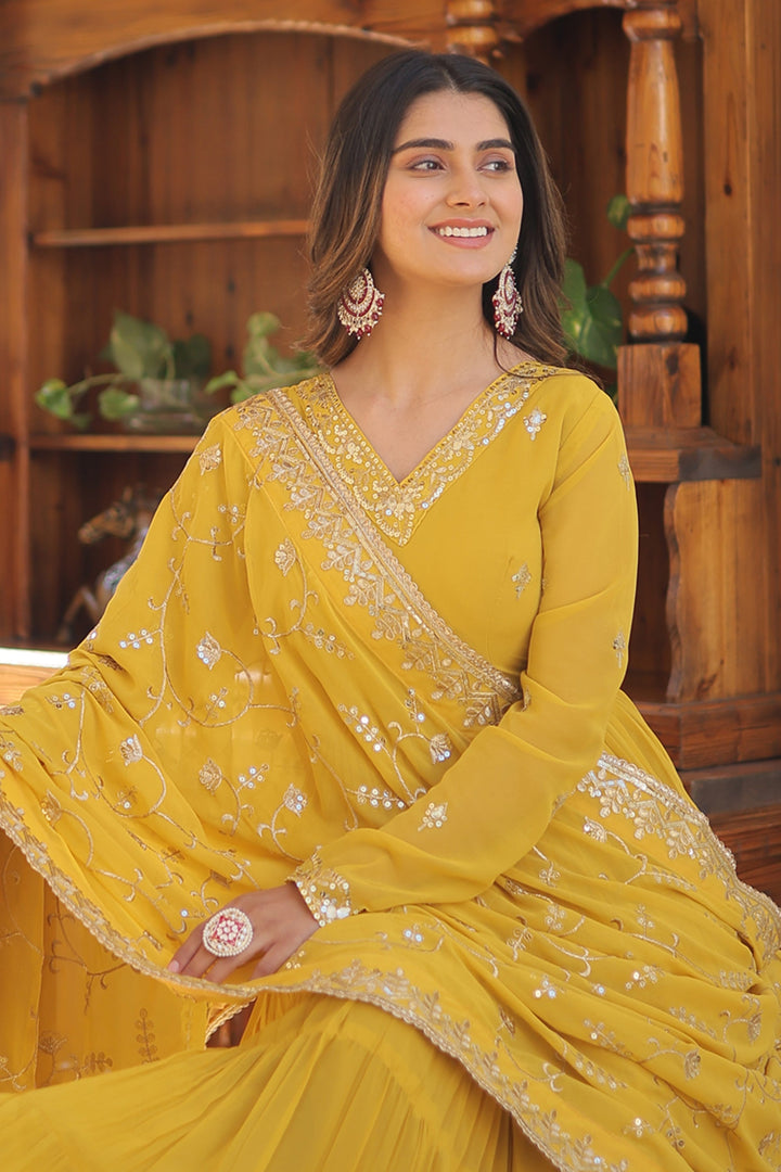 Yellow Color Anarkali Style Embroidered Readymade Long Gown With Dupatta