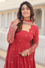 Load image into Gallery viewer, Red Color Georgette Fabric Embroidered Readymade Gown With Dupatta
