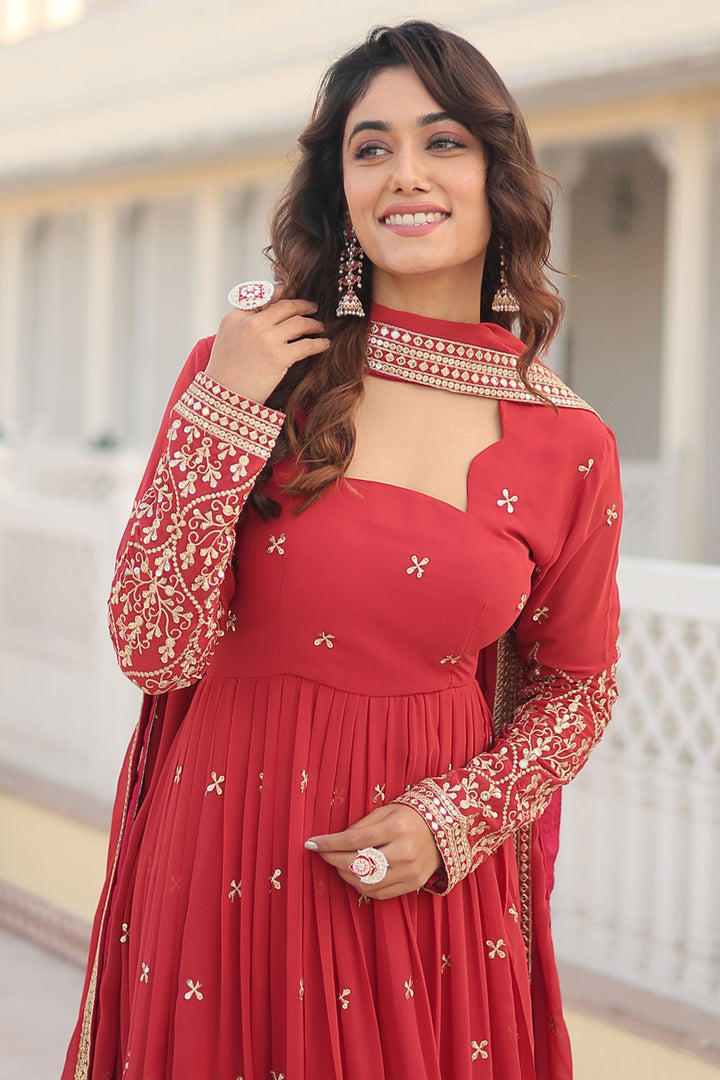 Red Color Georgette Fabric Embroidered Readymade Gown With Dupatta