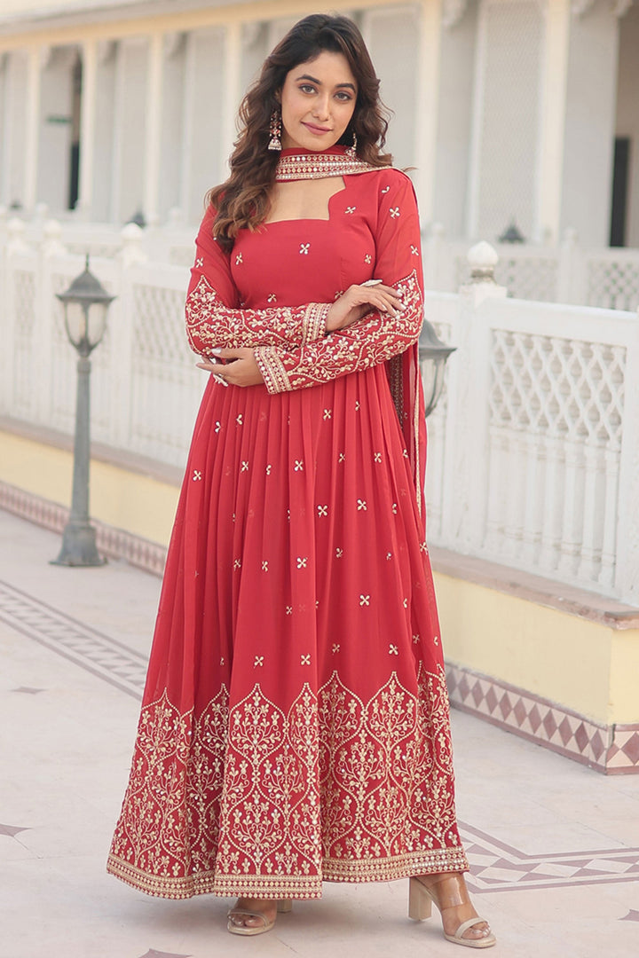 Red Color Georgette Fabric Embroidered Readymade Gown With Dupatta