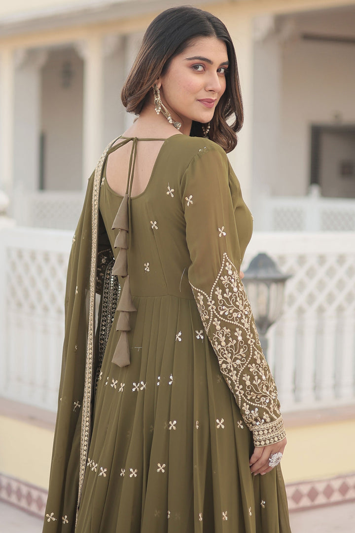 Readymade Mahendi Green Color Embroidered Georgette Gown With Dupatta