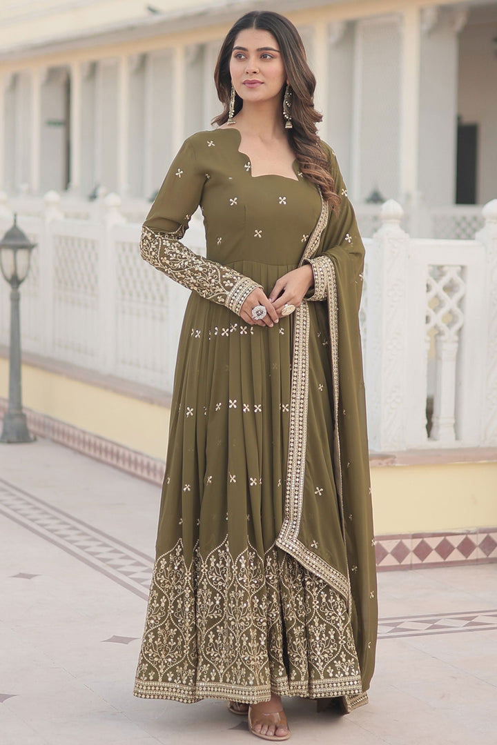 Readymade Mahendi Green Color Embroidered Georgette Gown With Dupatta
