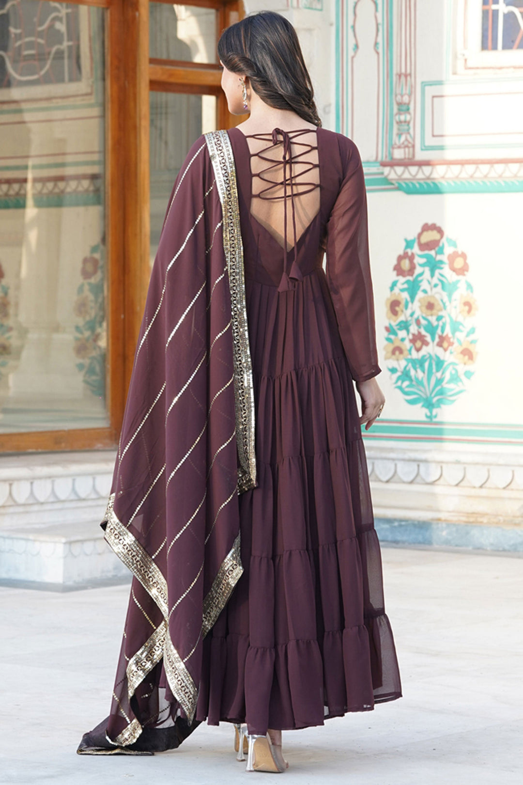 Function Wear Brown Color Glorious Readymade Long Gown In Georgette Fabric | Buy Online India