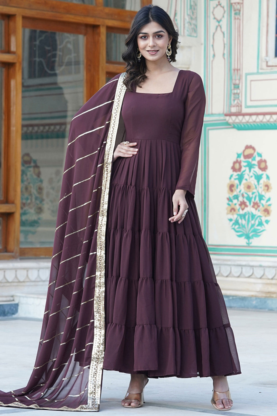 Function Wear Brown Color Glorious Readymade Long Gown In Georgette Fabric | Buy Online India