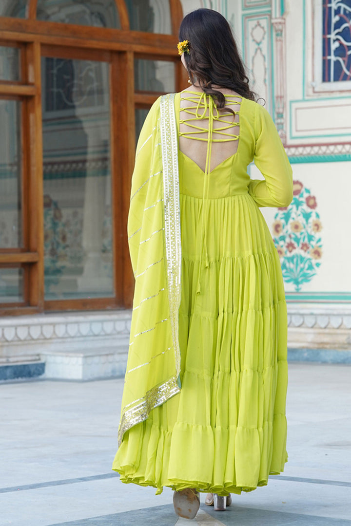 Georgette Fabric Function Wear Luminous Readymade Long Gown In Yellow Color