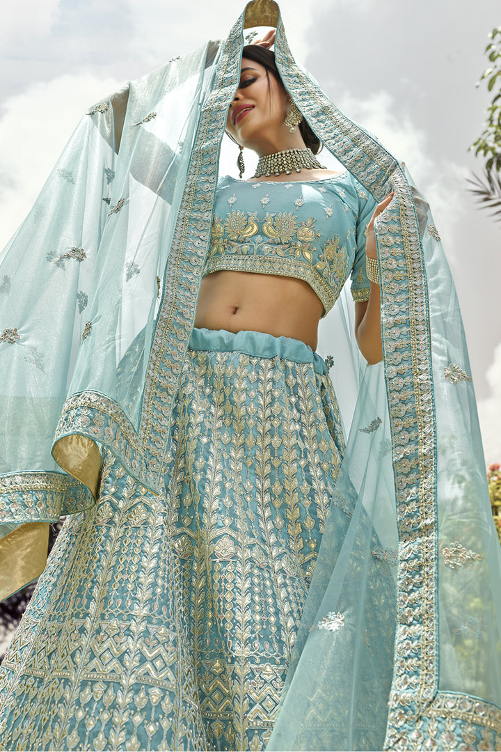 Cyan Color Sangeet Wear Embroidered Lehenga Choli In Organza Fabric