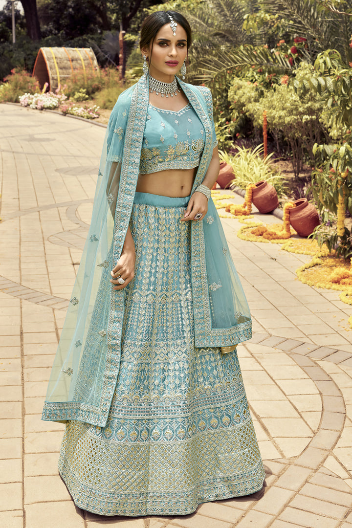 Cyan Color Sangeet Wear Embroidered Lehenga Choli In Organza Fabric