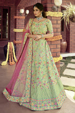 Load image into Gallery viewer, Sea Green Color Sangeet Wear Art Silk Fabric Embroidered Lehenga Choli
