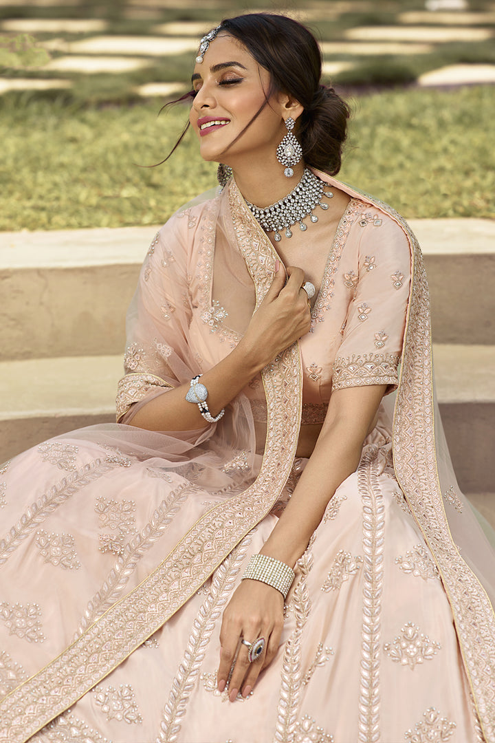 Wedding Wear Peach Color Embroidered Lehenga Choli In Crepe Fabric