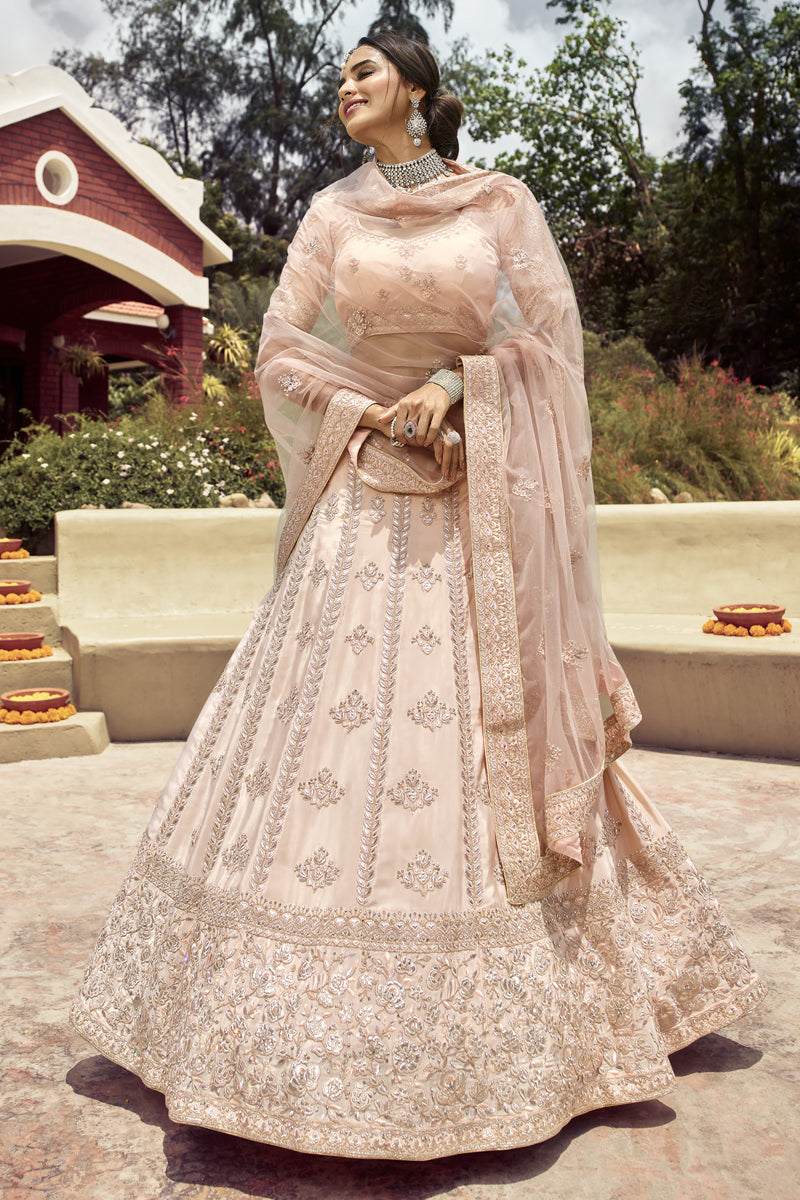 Wedding Wear Peach Color Embroidered Lehenga Choli In Crepe Fabric