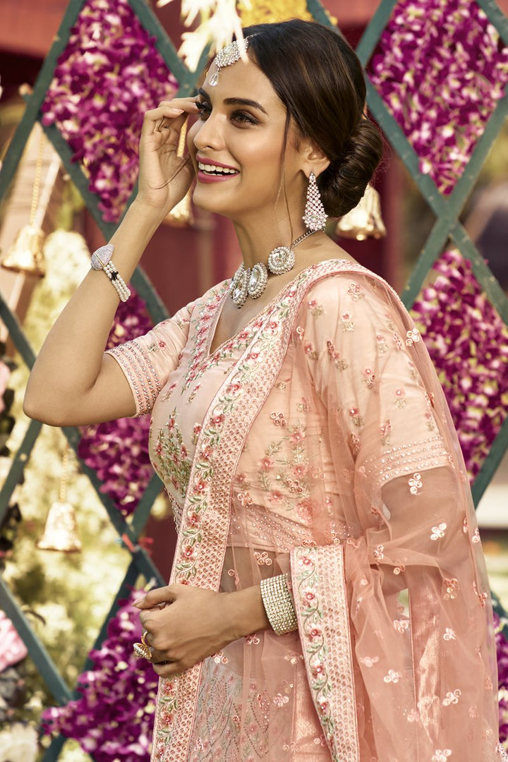 Peach Color Embroidered Reception Wear Lehenga Choli In Crepe Fabric
