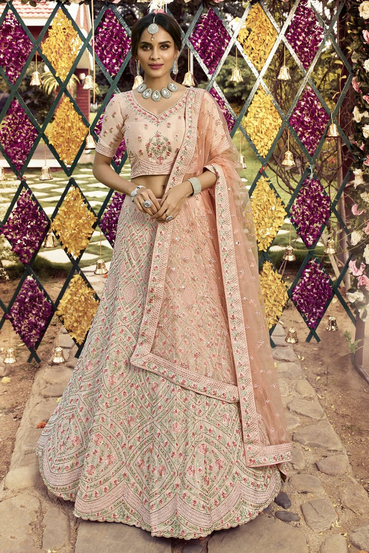 Peach Color Embroidered Reception Wear Lehenga Choli In Crepe Fabric