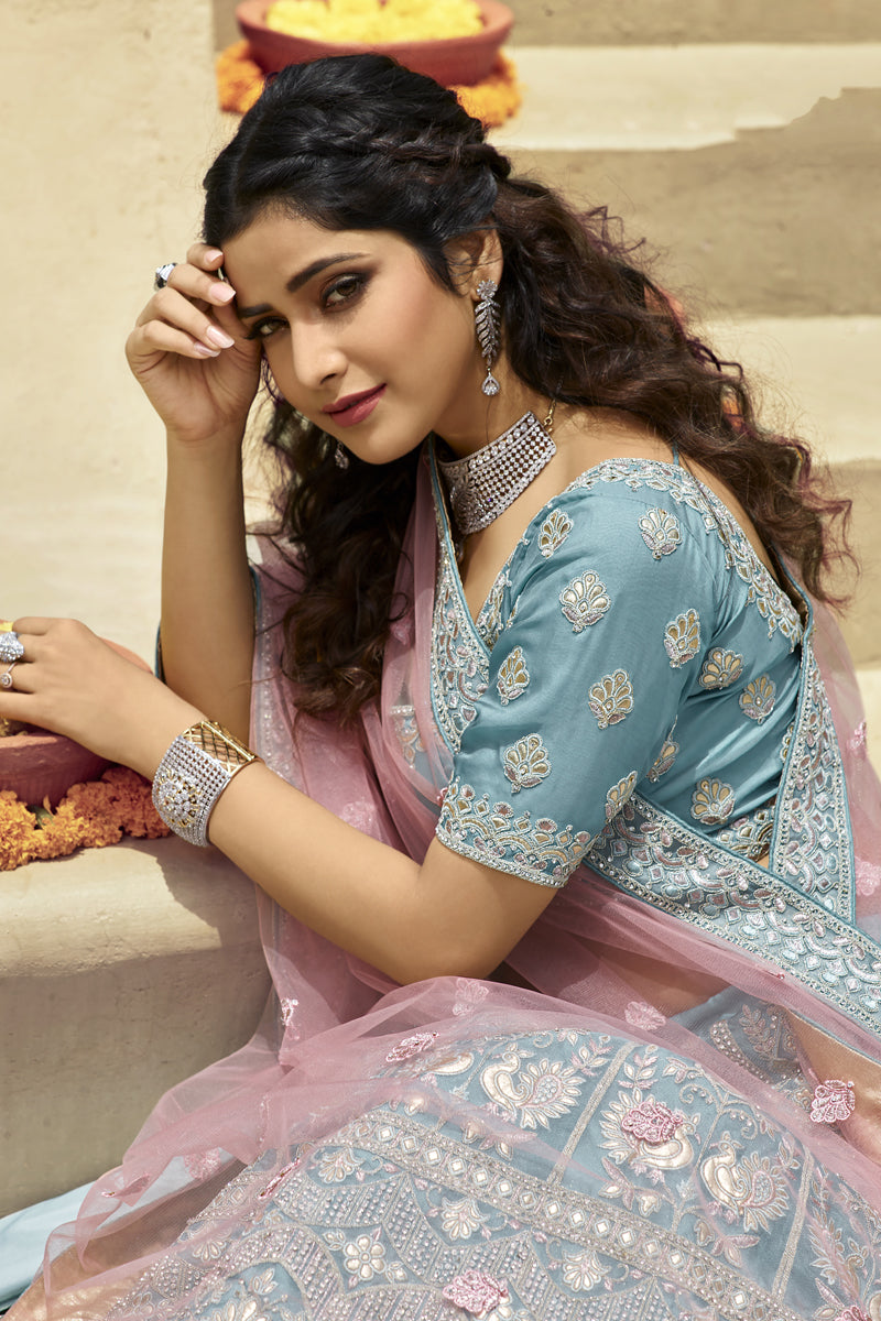 Wedding Wear Cyan Color Organza Fabric Embroidered Lehenga Choli