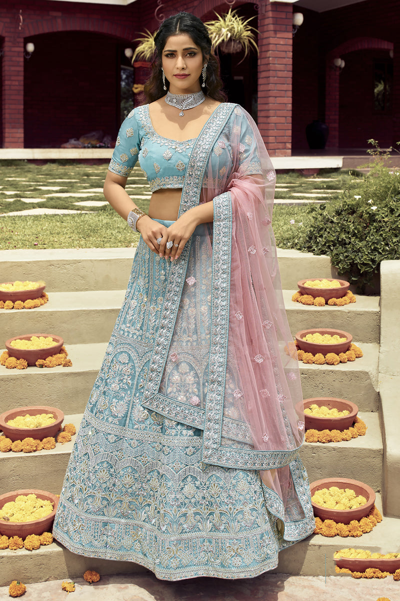 Wedding Wear Cyan Color Organza Fabric Embroidered Lehenga Choli